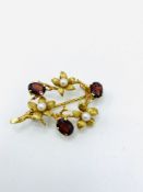 9ct gold floral brooch set with garnets and pearls