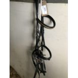 Black bridle with reins and bit.