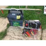 Two electric fence energisers, 2 batteries, 120 tape insulators and other items.