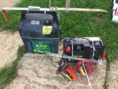 Two electric fence energisers, 2 batteries, 120 tape insulators and other items.