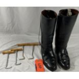 Black leather lady's riding boots, together with 2 pairs of chrome and wood handled boot pulls.