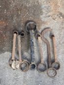 Six assorted vehicle spanners, one labelled Brougham spanner