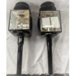 A pair of black square fronted Road Coach lamps, height 69 cms, in very good condition