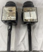 A pair of black square fronted Road Coach lamps, height 69 cms, in very good condition