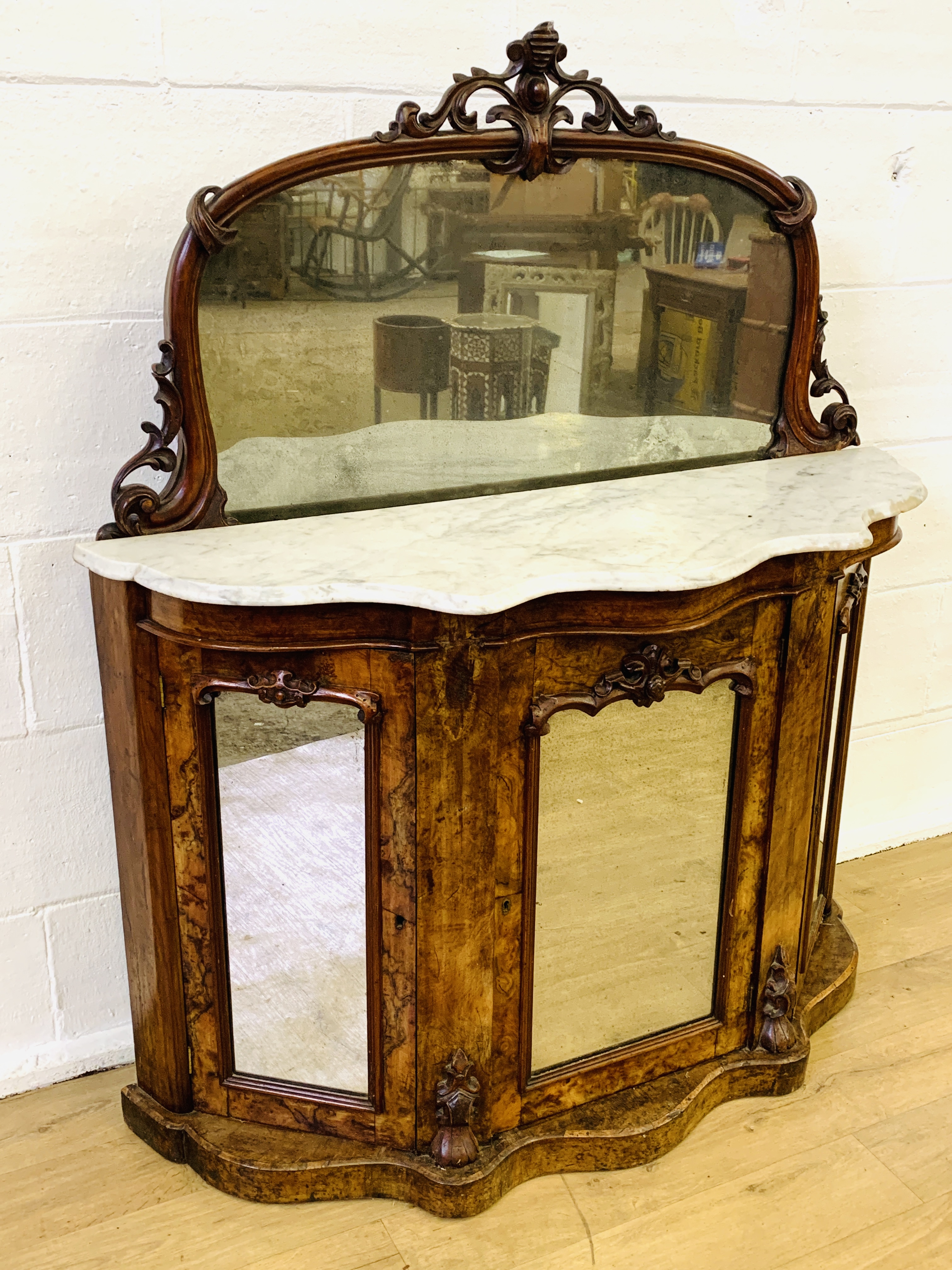 19th century mahogany serpentine fronted credenza with mirrored raised back, marble top and three - Image 3 of 5