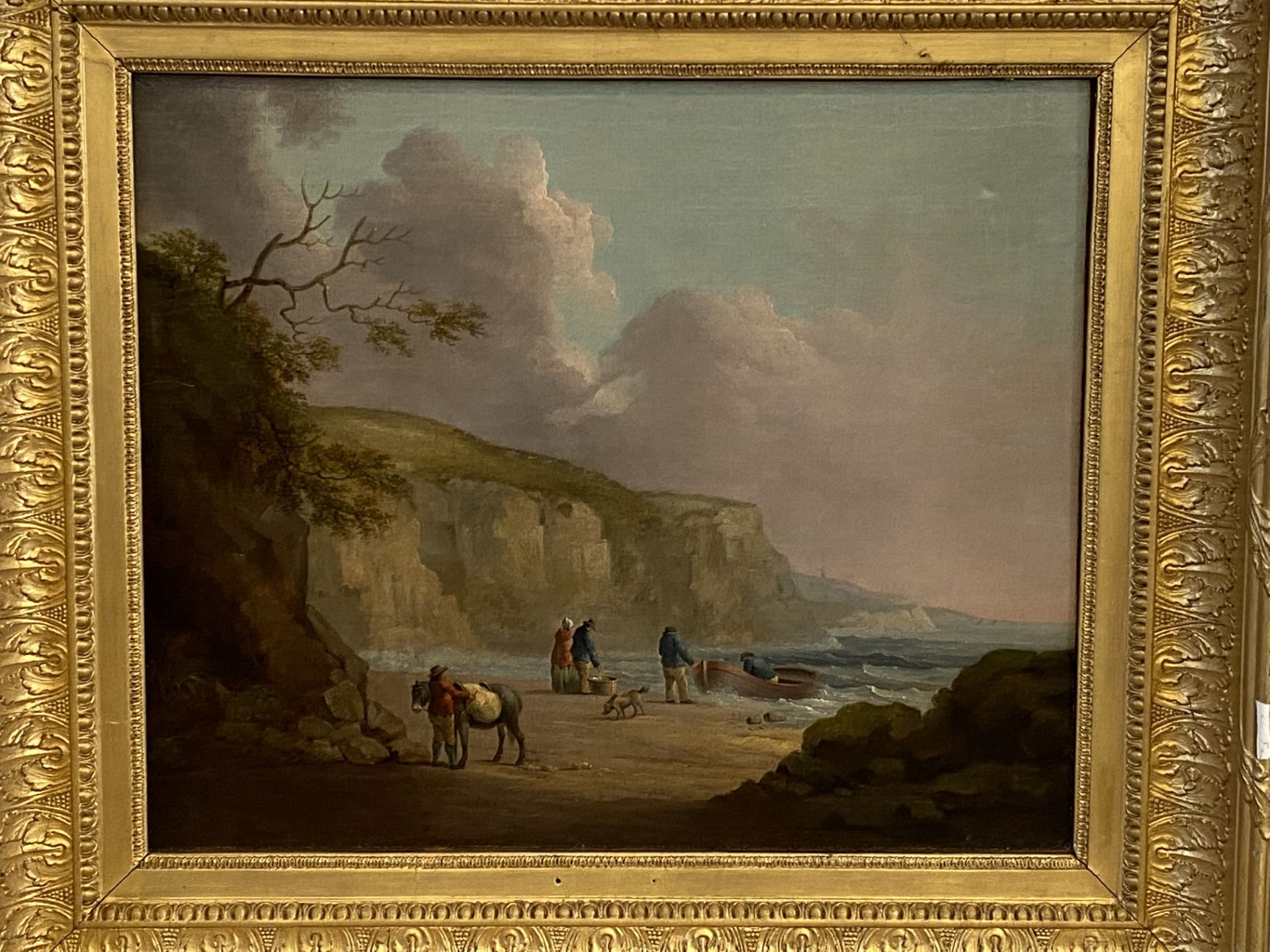 Attributed to George Morland, gilt framed oil on canvas of a coastal scene