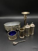 Silver jewellery box, silver bud vase, silver cruet and silver measure