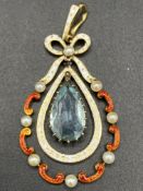 Aquamarine, enamel and pearl pendant