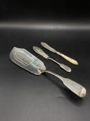 Silver fish slice and server together with a knife with mother of pearl handle