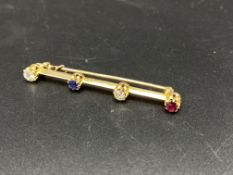 15ct gold, ruby , sapphire and diamond bar brooch