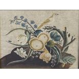Two lithographs of birds, flowers and fruit