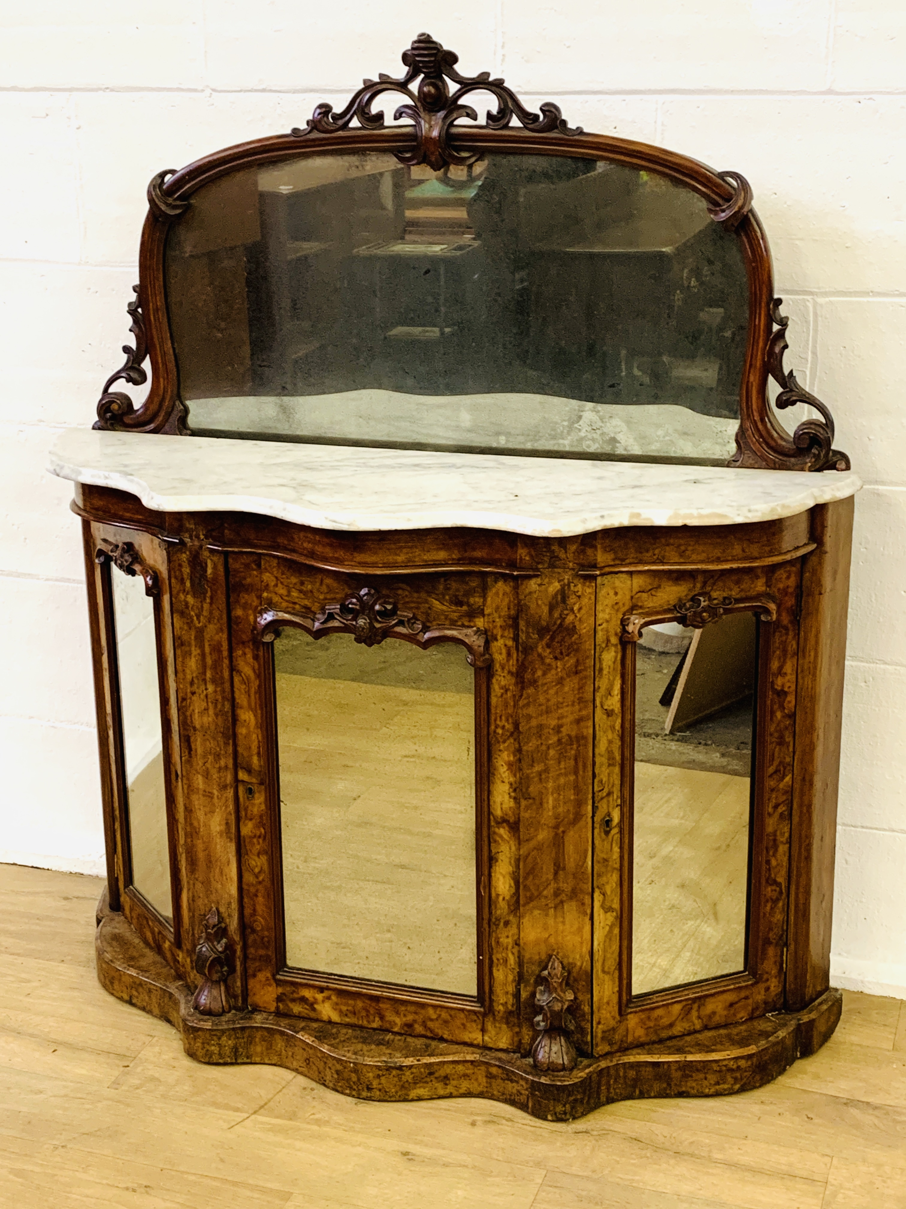 19th century mahogany serpentine fronted credenza with mirrored raised back, marble top and three - Image 2 of 5