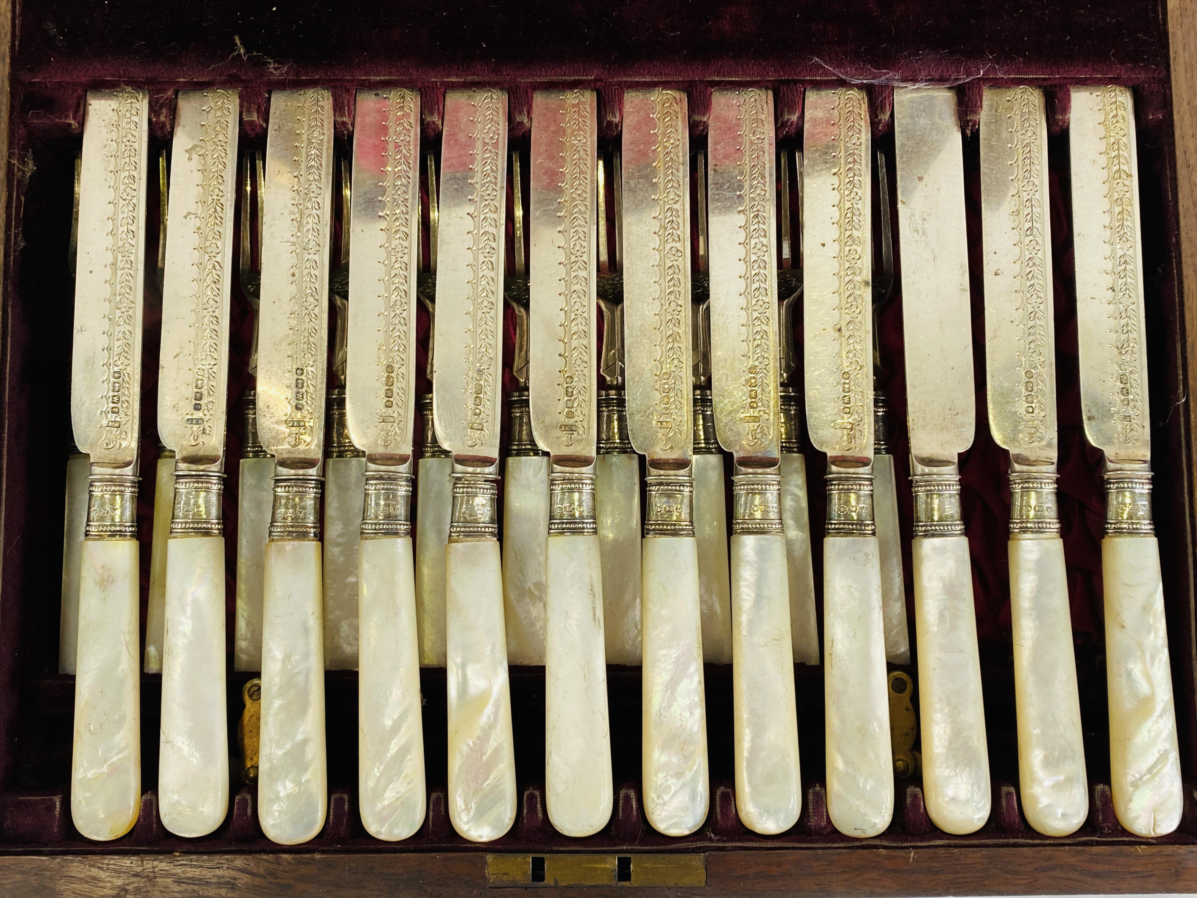 Mahogany canteen of cutlery with silver knife blades and fork tines - Image 2 of 6