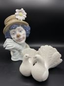 Lladro porcelain clown bust together with Lladro porcelain turtle doves