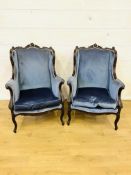 Pair of mahogany show wood upholstered armchairs