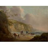In the style of George Morland, gilt framed oil on canvas of a coastal scene