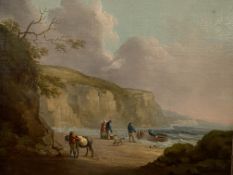 In the style of George Morland, gilt framed oil on canvas of a coastal scene