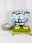 Blue and white tureen and other china