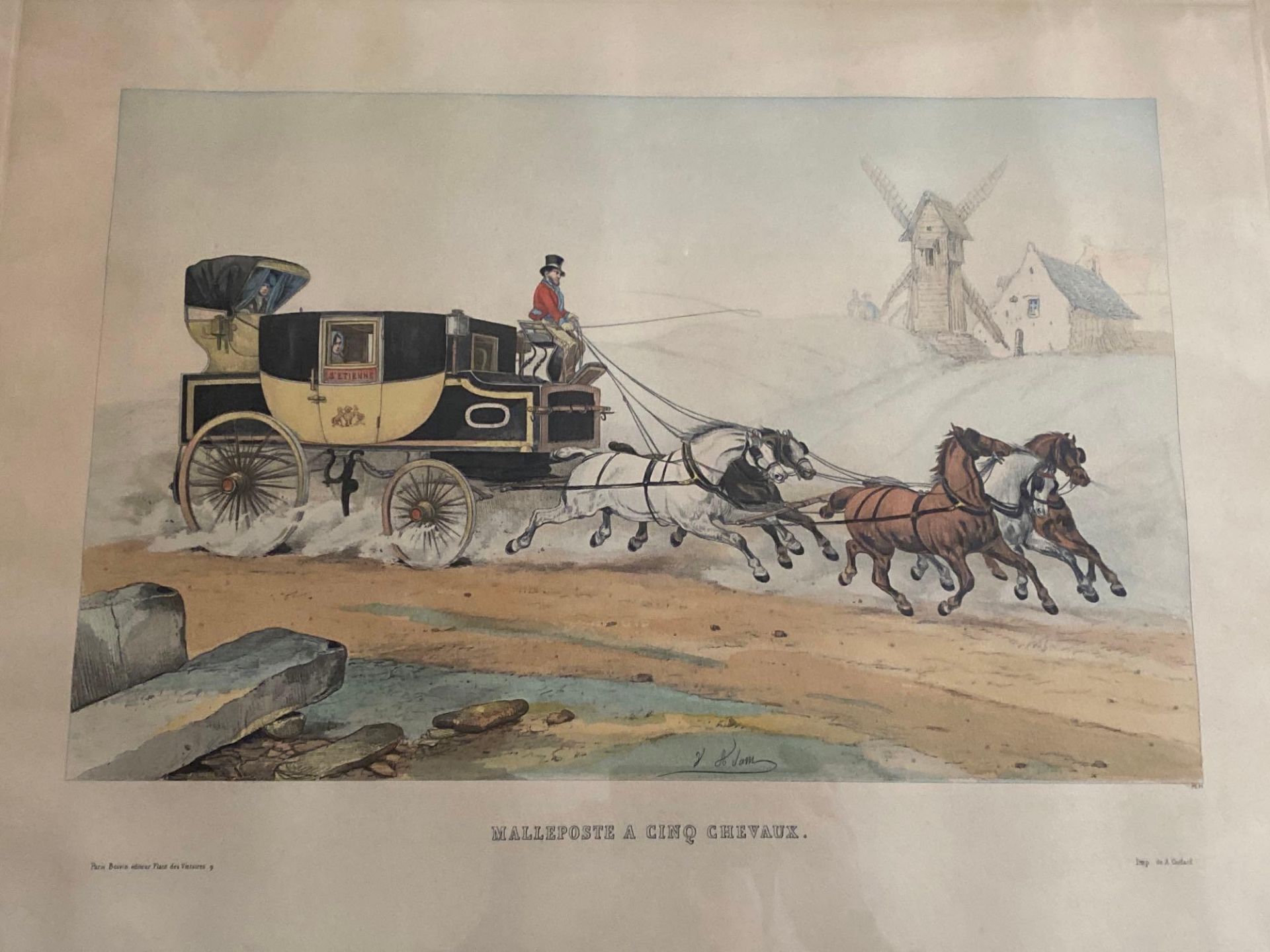 Set of three framed and glazed coloured lithographs of mail coach scenes by Victor Adam - Image 3 of 3