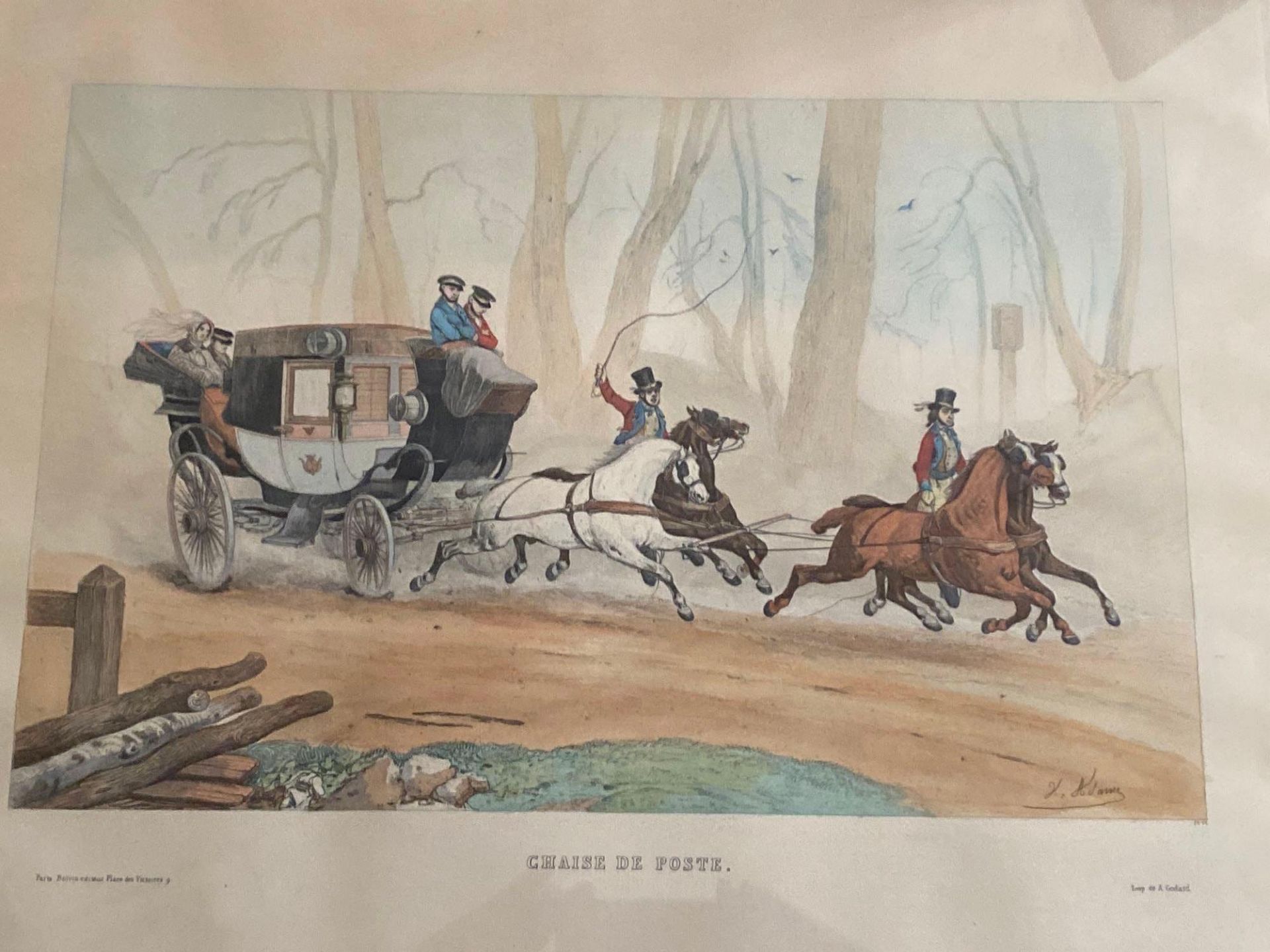 Set of three framed and glazed coloured lithographs of mail coach scenes by Victor Adam