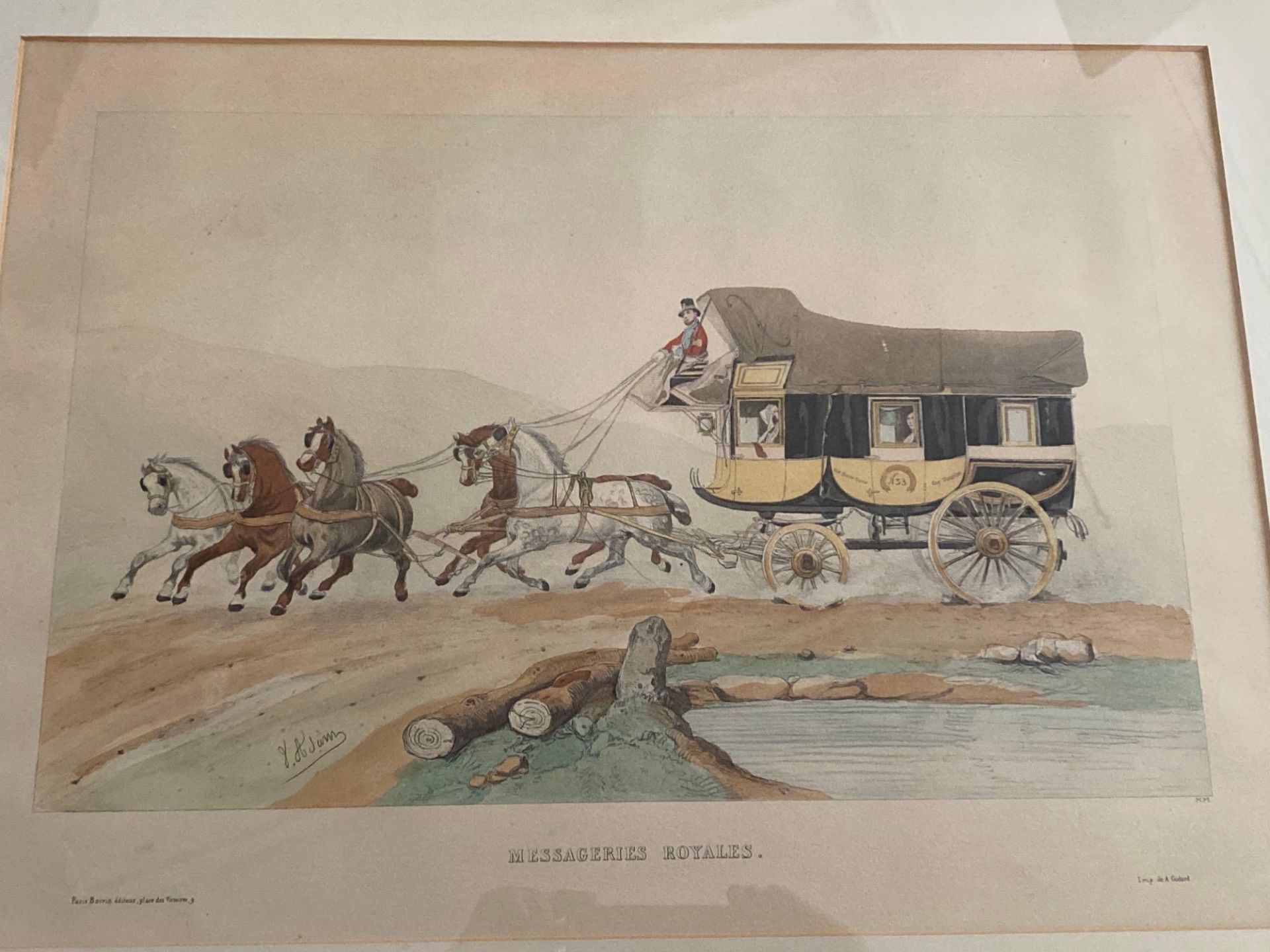 Set of three framed and glazed coloured lithographs of mail coach scenes by Victor Adam - Image 2 of 3