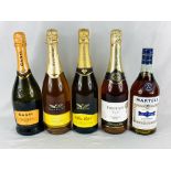 Four bottles of sparkling wine together with a 24 fl oz bottle of cognac