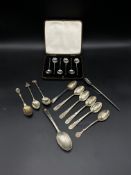 Boxed set of silver coffee spoons together with other silver spoons