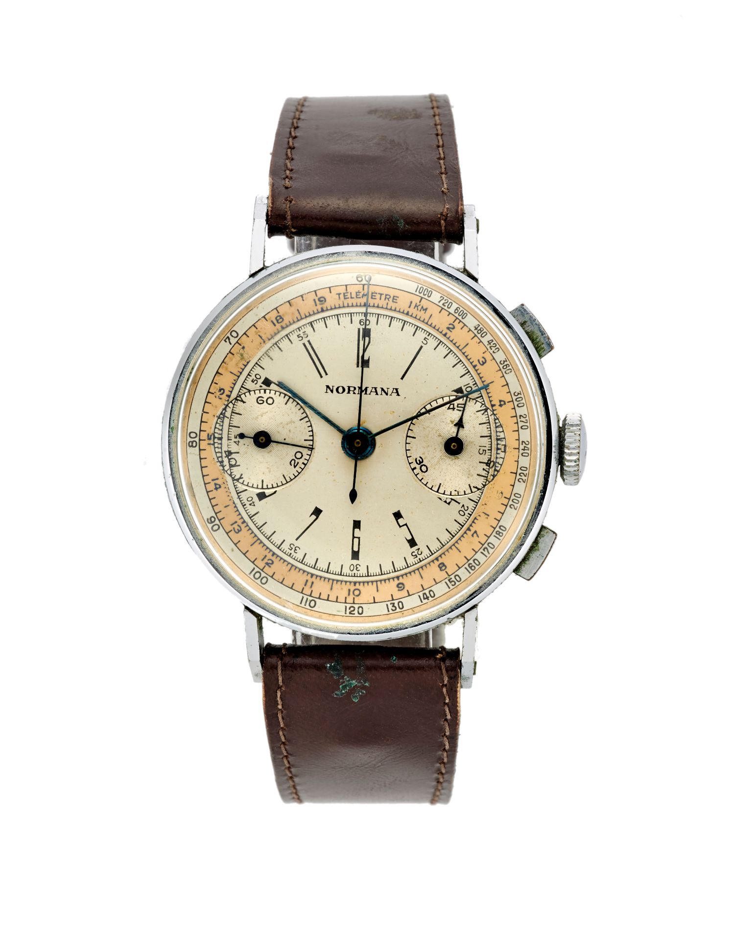 Normana, ChronographGent's steel wristwatch1970sDial signedManual-wind movementsilvered bi-tonal