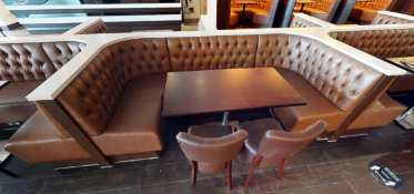 7 x Button Back Seating Booths Upholstered in Tan Brown Leather - Includes 3 x U shaped family
