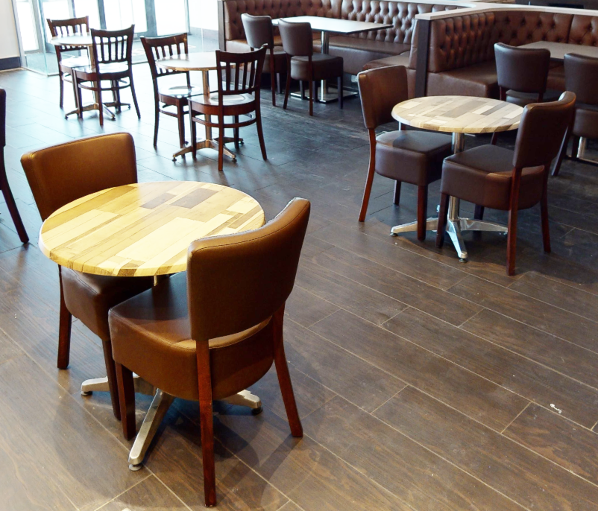 6 x Restaurant Chairs With Brown Leather Seat Pads and Padded Backrests - CL701 - Location: Ashton - Image 8 of 9