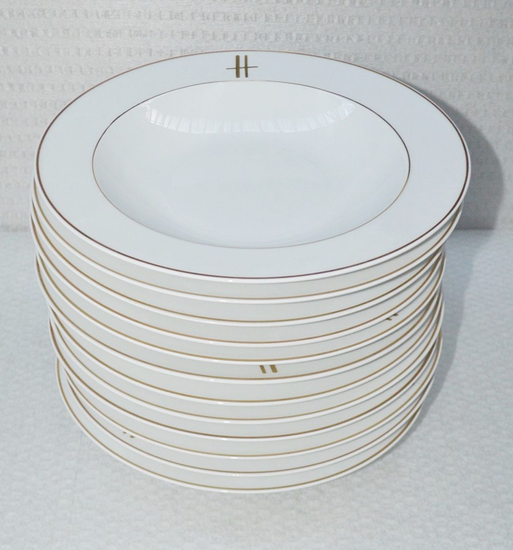 12 x PILLIVUYT Porcelain Pasta / Soup Plates In White Featuring 'Famous Branding' In Gold