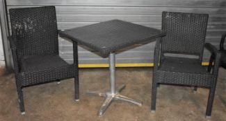 2 x Outdoor Stackable Rattan Chairs With Arm Rests and 1 x Square Outdoor Table - CL999 - Ref
