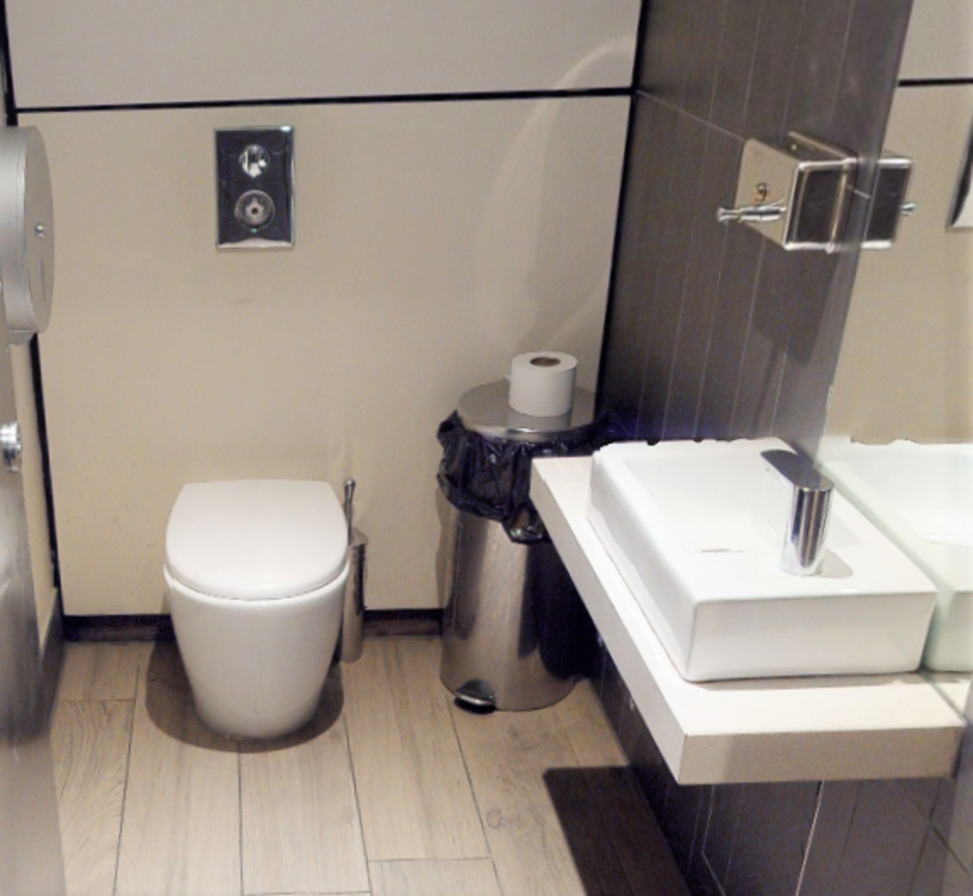 1 x Toilet Suite - Includes Back to Wall Toilet, Floating Hand Wash Basin With Mixer Tap, Pedal Bin,