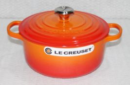 1 x LE CREUSET Cast Iron 20cm Signature Round Casserole Dish With Lid In Volcanique Flame Orange -