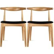4 x Hans Wegner Inspired Elbow Chair - Solid Wood With Light Stain Ash Finish And Black Seat Pad -