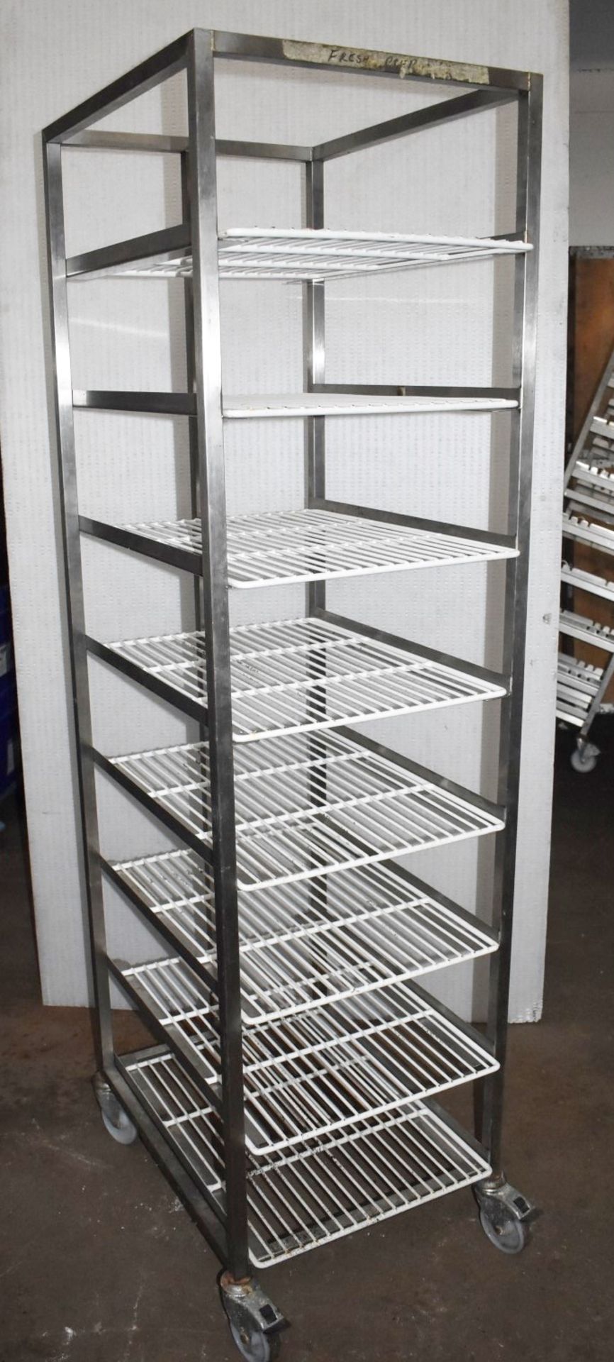 1 x Upright Stainless Steel Mobile Tray Rack With 8 Shelves - Shelf Size: 47 x 63 cms - CL675 - Ref:
