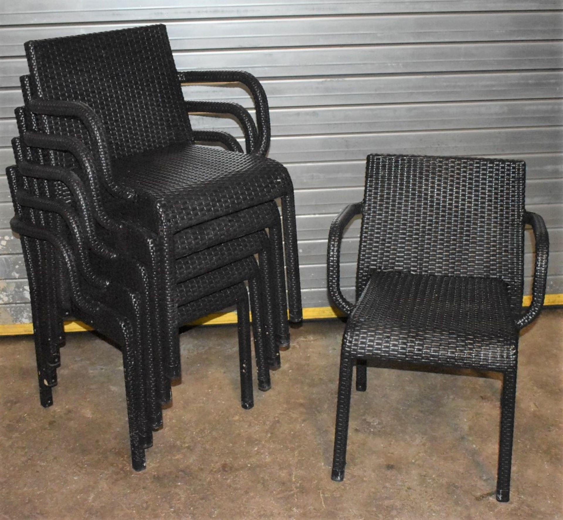 6 x Outdoor Stackable Rattan Chairs With Arm Rests - CL999 - Ref WH5 - Provided in Very Good - Image 7 of 9