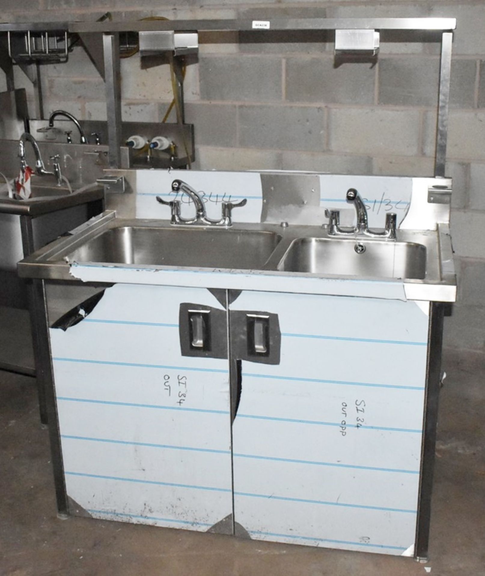 1 x Stainless Steel Wash Station Cabinet With Two Large Sink Bowls, Mixer Tap and Overhead Drying - Image 2 of 12