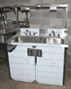 1 x Stainless Steel Wash Station Cabinet With Two Large Sink Bowls, Mixer Tap and Overhead Drying
