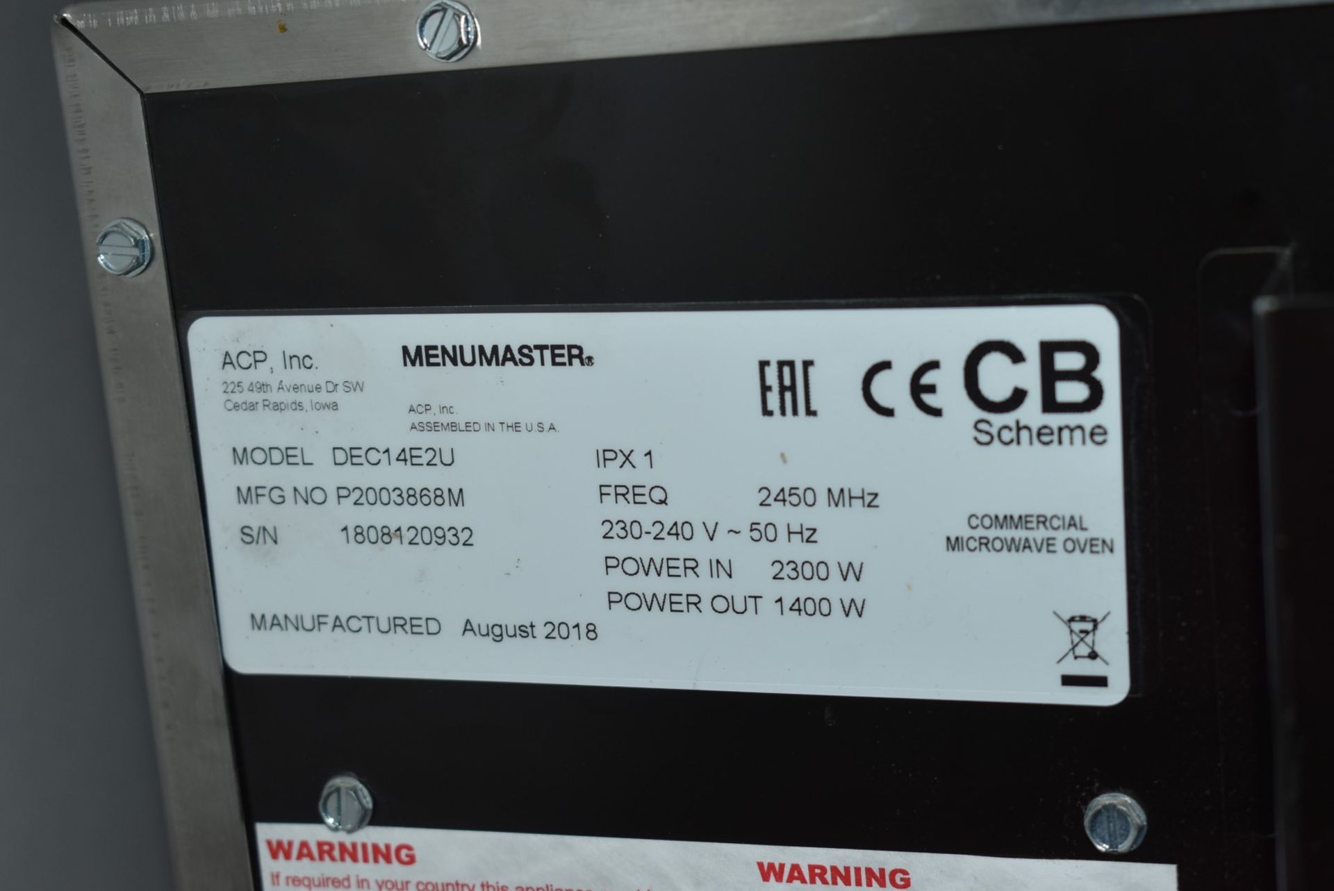 1 x Menumaster Commercial Microwave Oven - Model DEC14E2U - 1.4kW, 13A, 17Ltr - 2018 Model - - Image 5 of 12