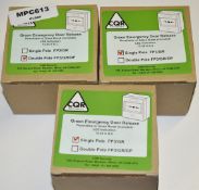 3 x Green Emergency Door Release Boxes - Resettable or Glass Break - LED Indication - New and