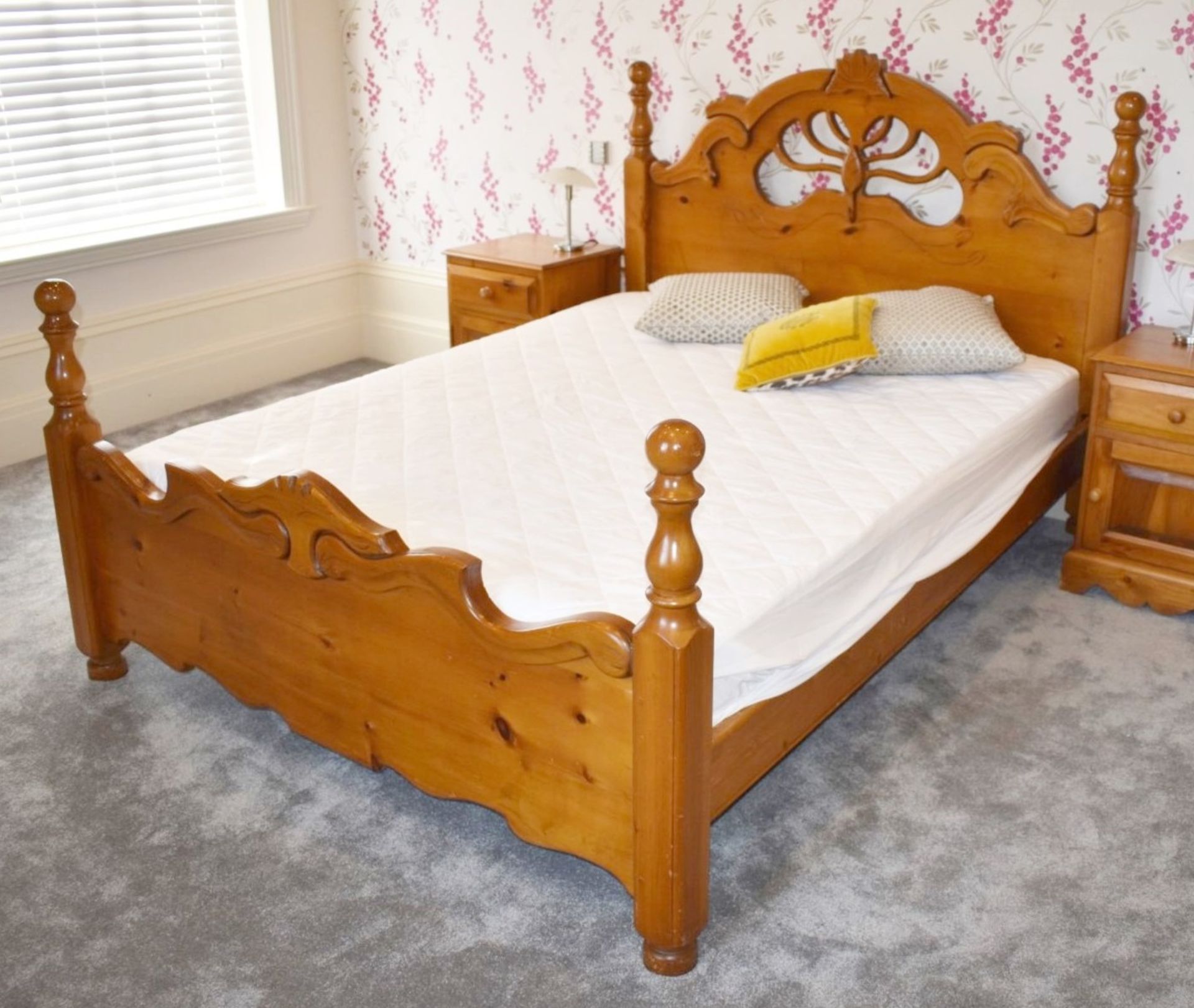 1 x Country Farmhouse Solid Pine Kingsize Bed Frame Featuring An Ornate Headboard & Footboard - NO - Image 2 of 7