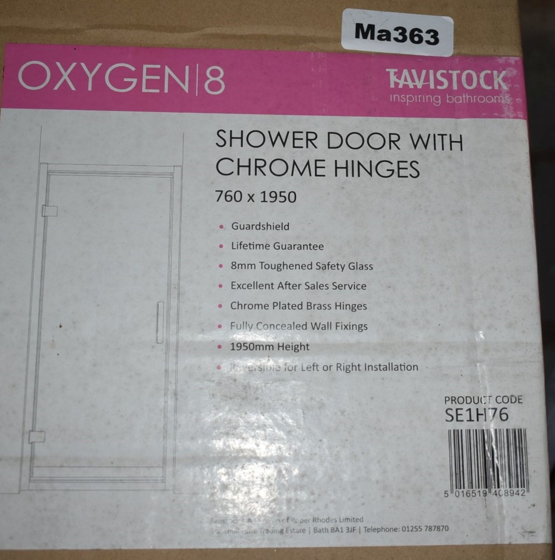 1 x Tavistock Oxygen 8 Shower Door With Chrome Hinges - 760x1950mm - Product Code SE1H76 -  Unused