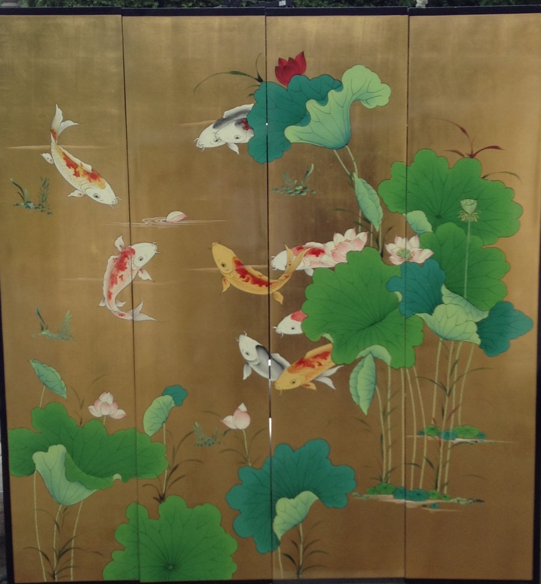 1 x Hand Painted Piece Of Oriental Wall Art Featuring Fish, Set Across 4 Wooden Panels, With a