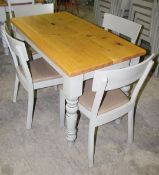 1 x Solid Wood Farmhouse Dining Table With 4 x Chairs Features Solid Oak Table Top and Upholstered