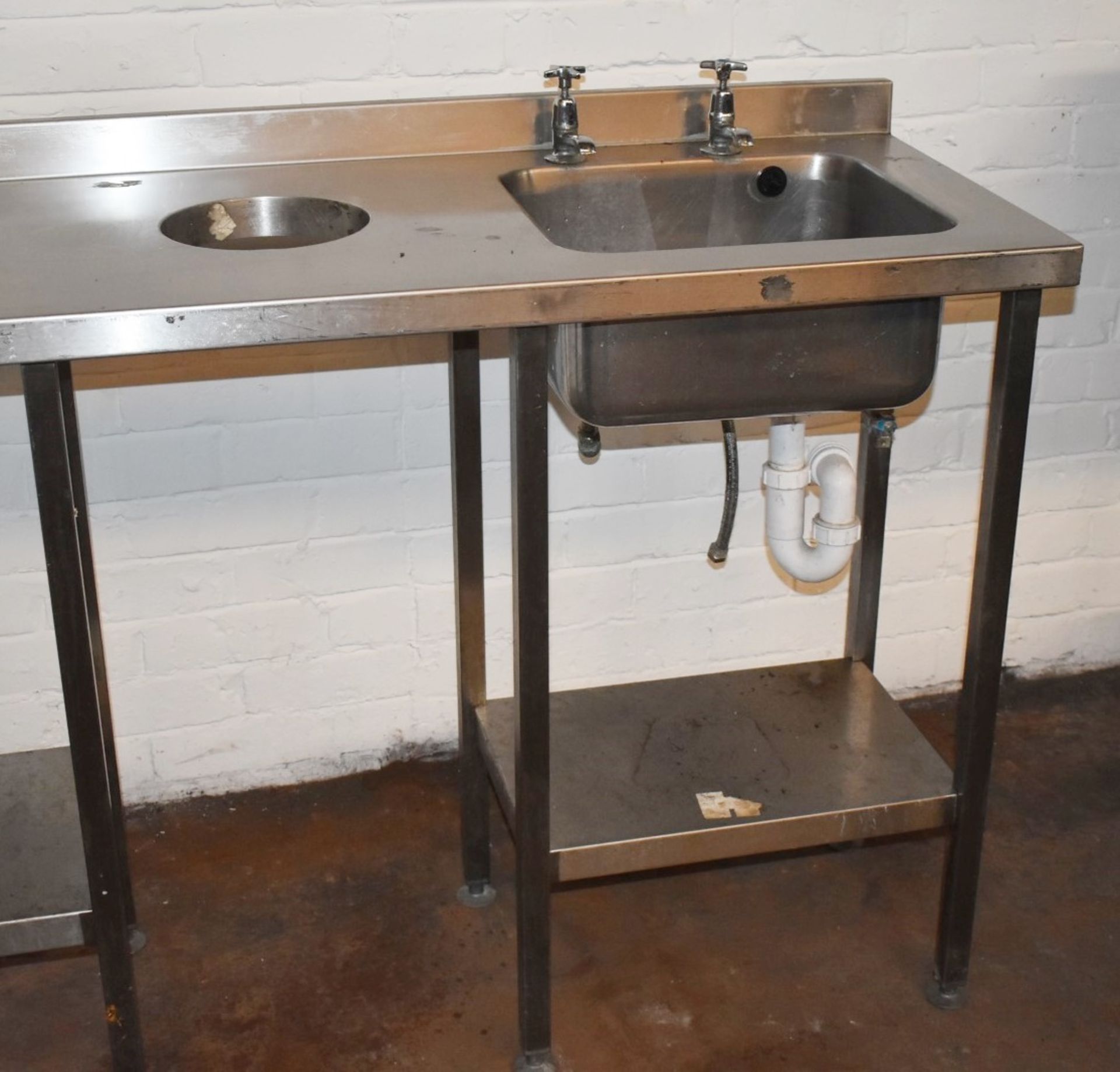 1 x Stainless Steel Sink Unt Featuring Single Wash Bowl, Taps, Prep Area and Central Waste Bin Chute - Image 3 of 8