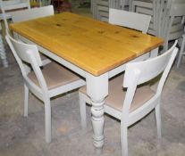 1 x Solid Wood Farmhouse Dining Table With 4 x Chairs Features Solid Oak Table Top and Upholstered