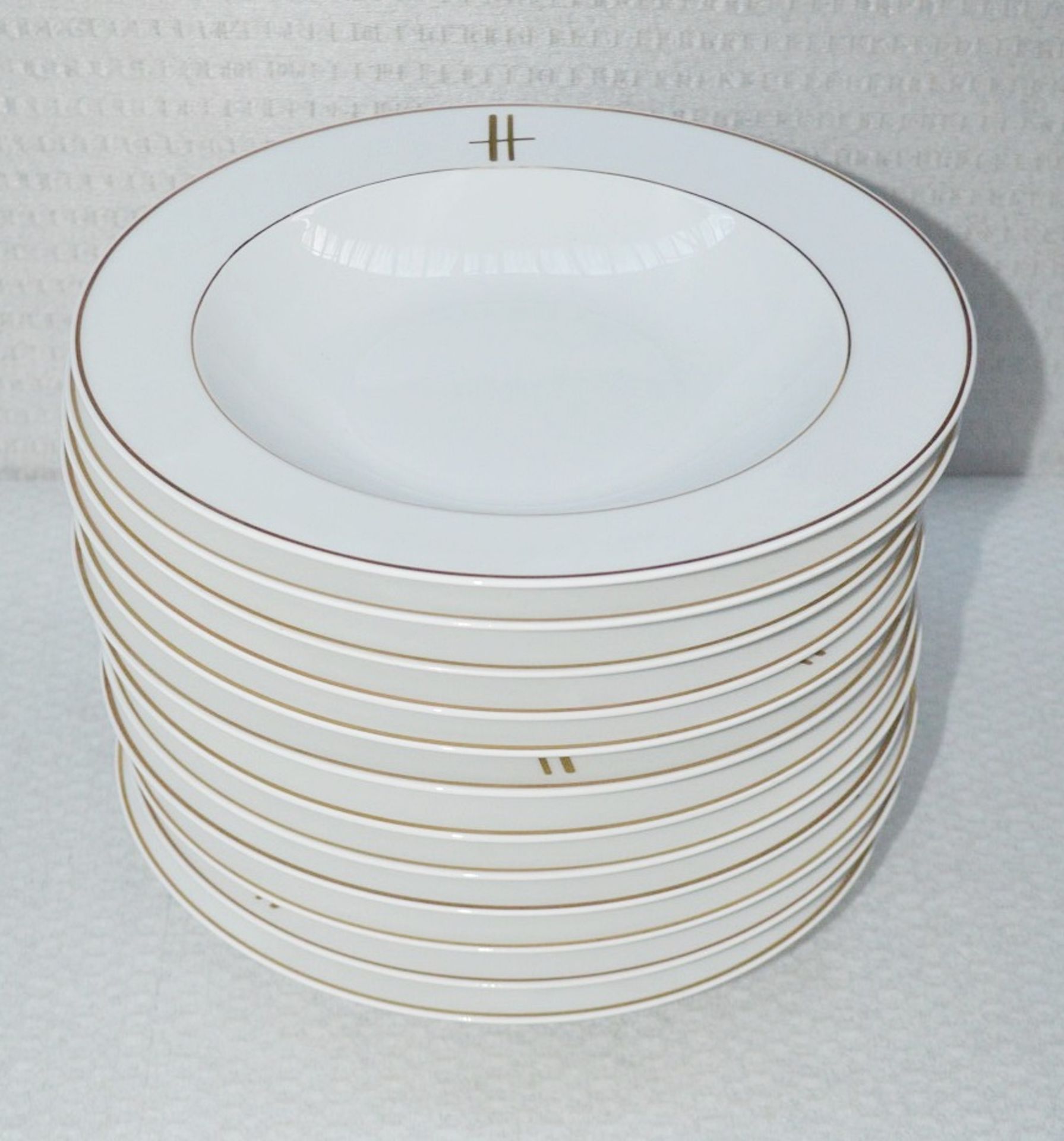 12 x PILLIVUYT Porcelain 27cm Pasta / Soup Plates In White Featuring 'Famous Branding' In Gold -