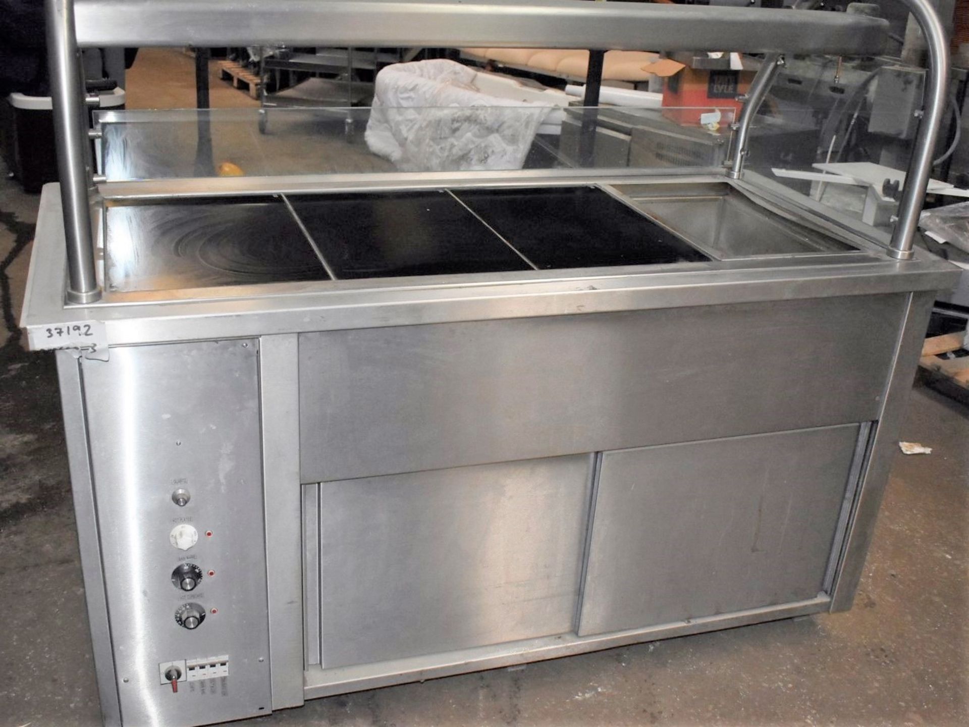 1 x Commercial Servery Unit With Three Ceran Hot Plates, One Baine Marie, Overhead Warmer and