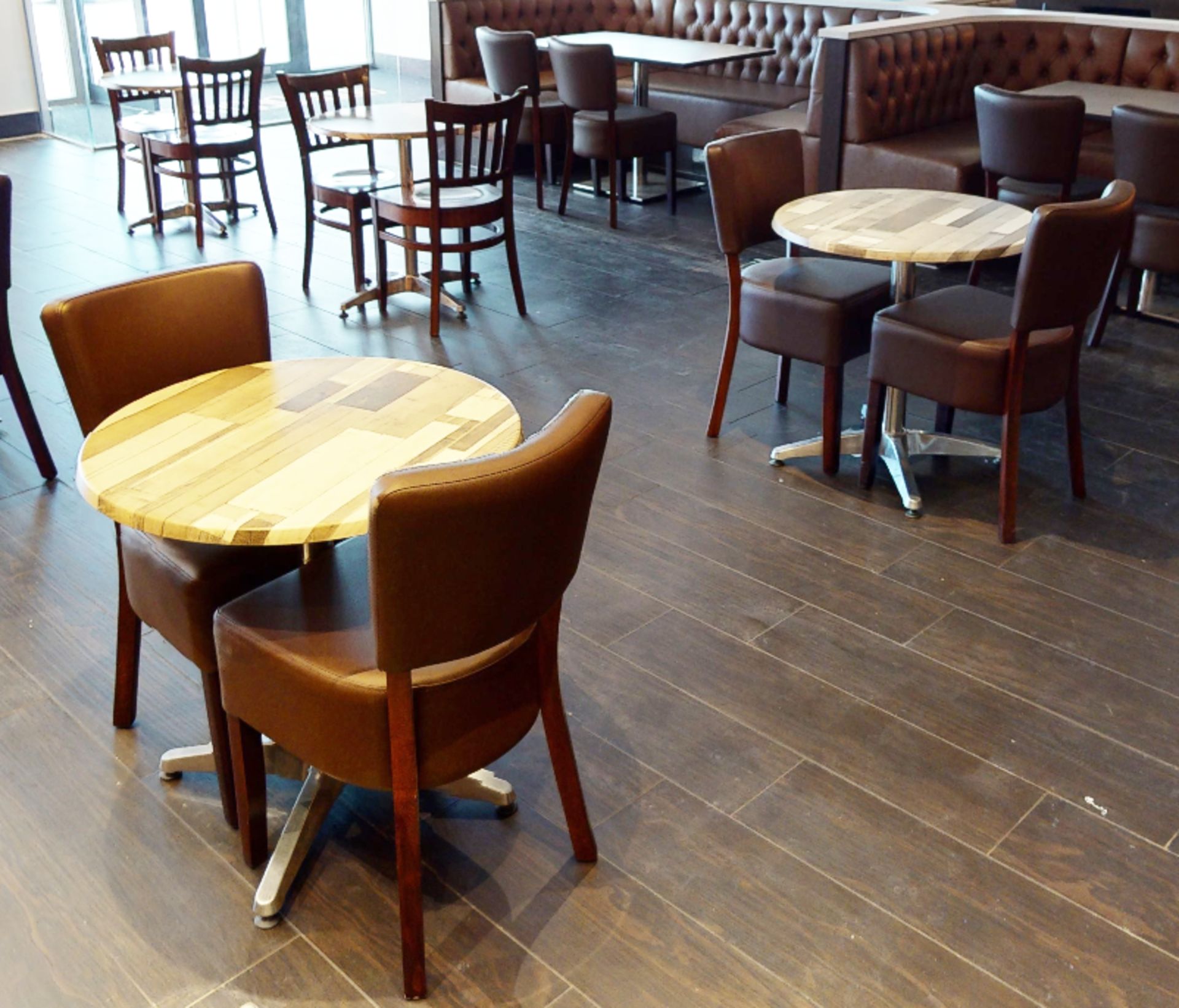 4 x Restaurant Chairs With Brown Leather Seat Pads and Padded Backrests - CL701 - Location: Ashton - Image 6 of 9